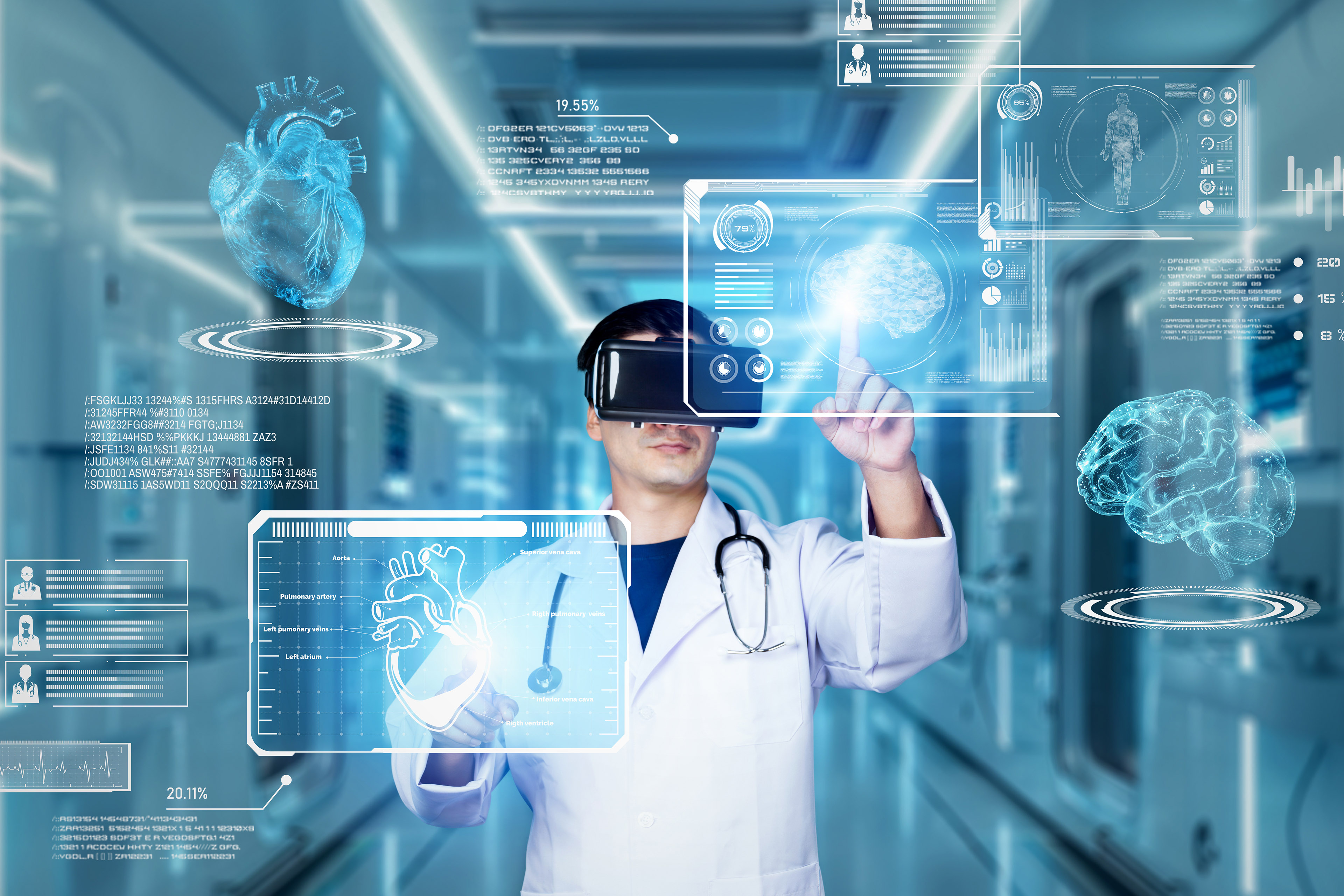 Doctor pointing at medical data while diagnosis symptom by using VR glasses
