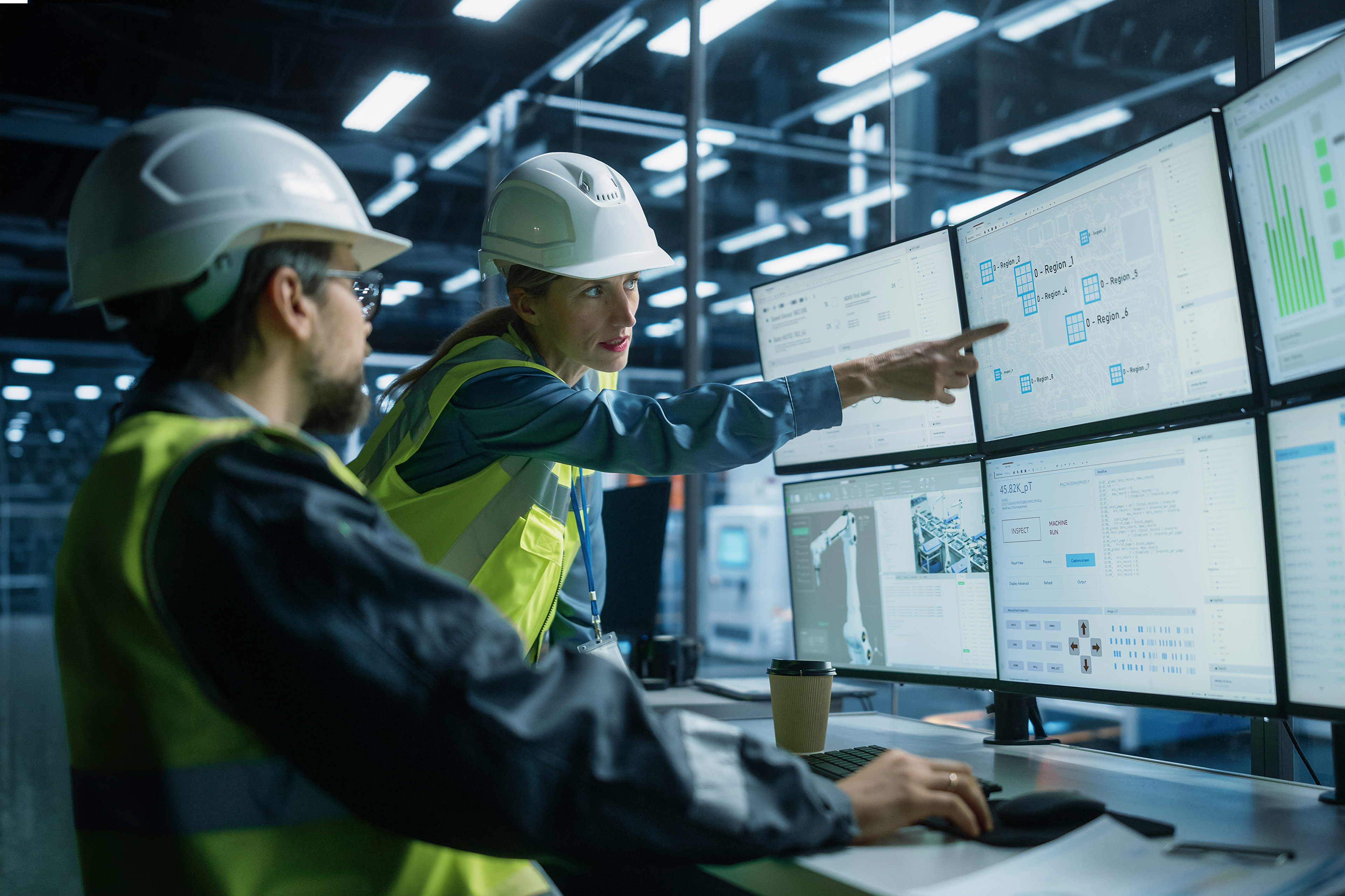  Process engineer using multi monitor workstation and talking to quality control technician at electronics factory.
