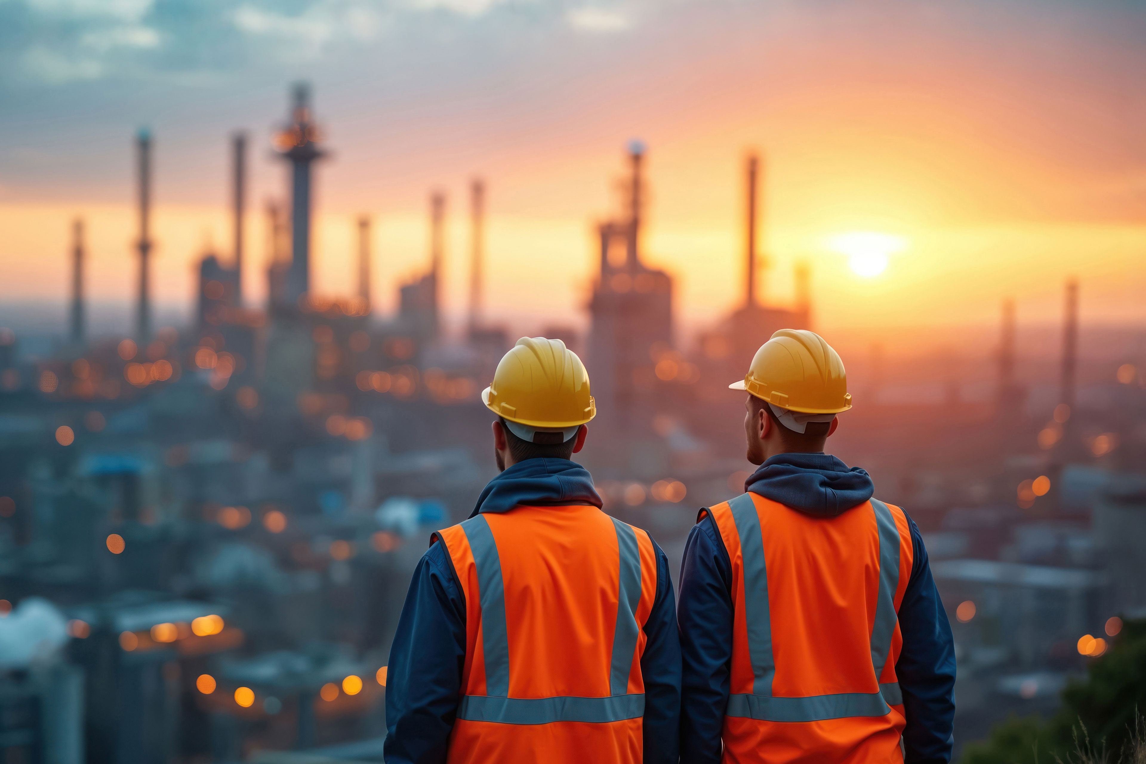 Two engineers in hard hats, vests look over industrial plant at sunset