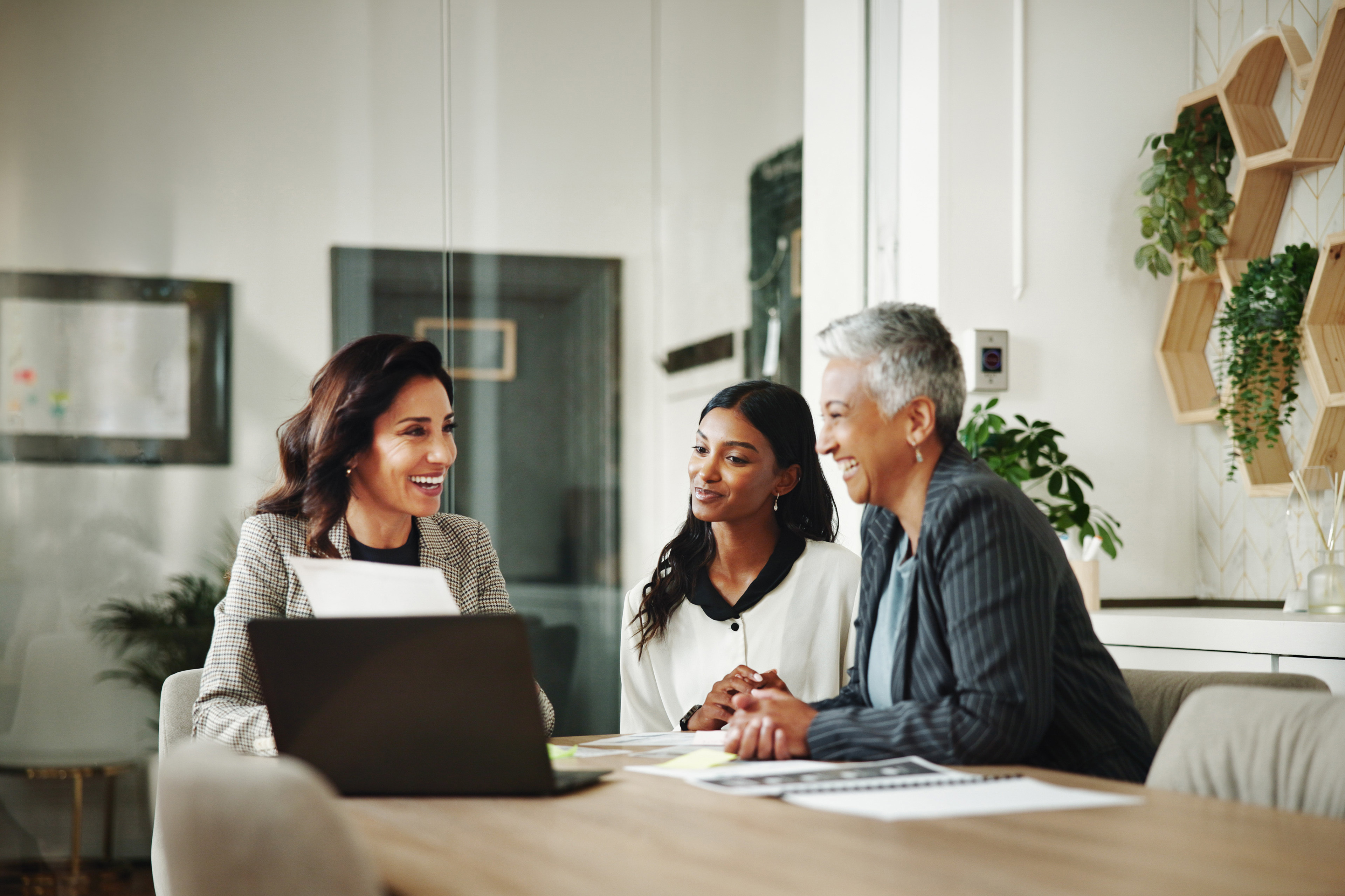 Business women, financial audit and paperwork with laptop, budget and advisor for customer portfolio. 