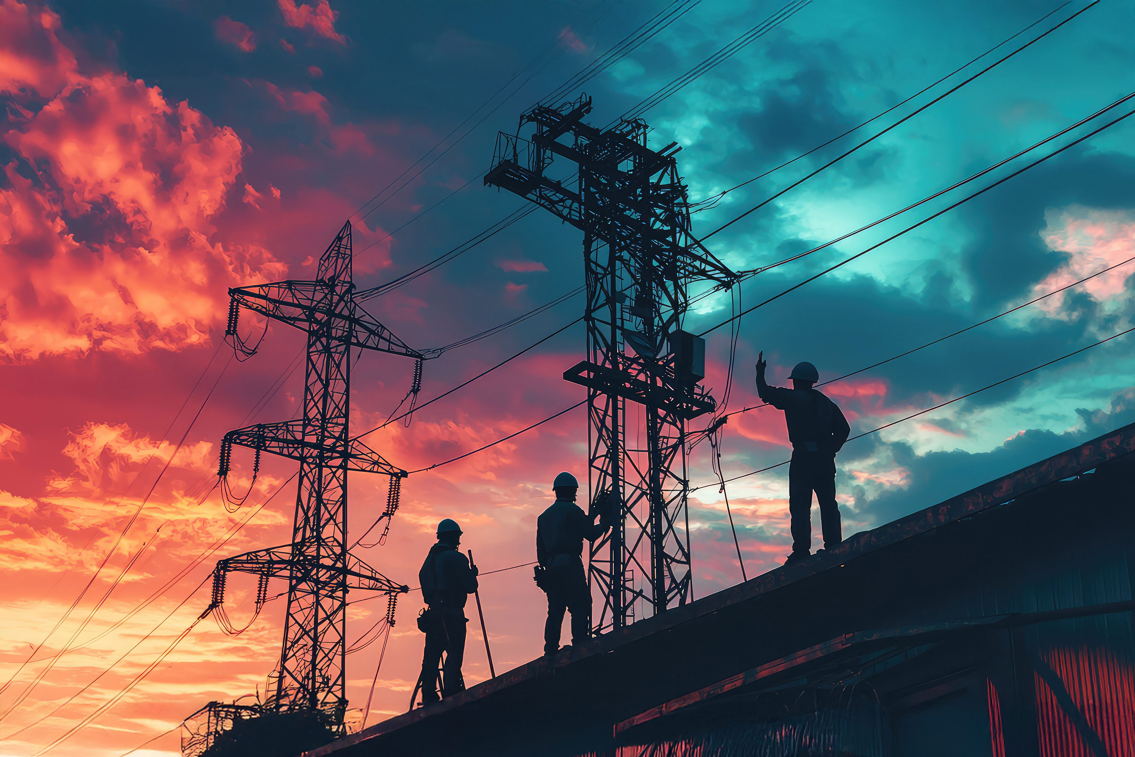 Silhouetted workers on a power line at sunset