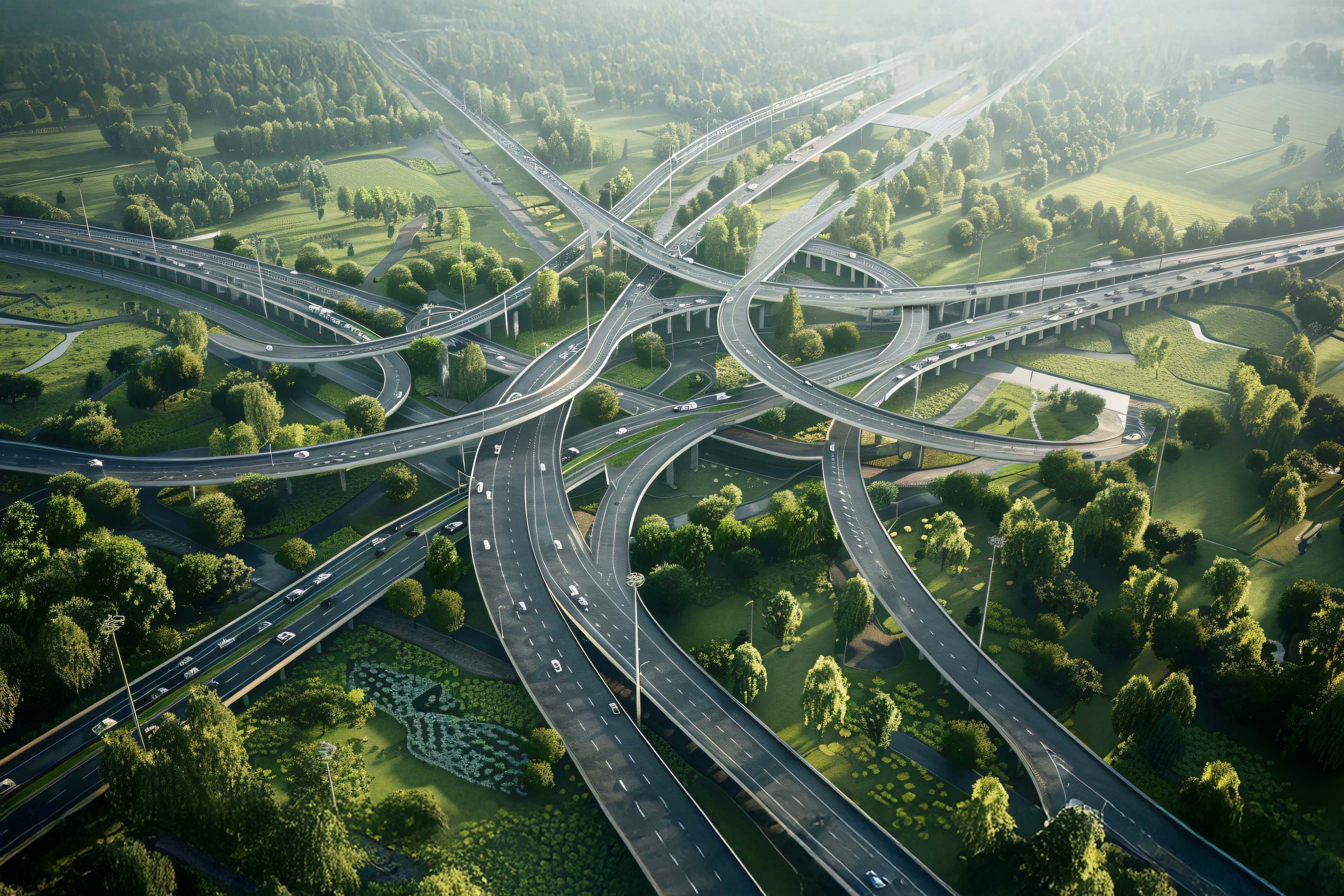 Complex highway interchange with multiple overpasses and connecting roads