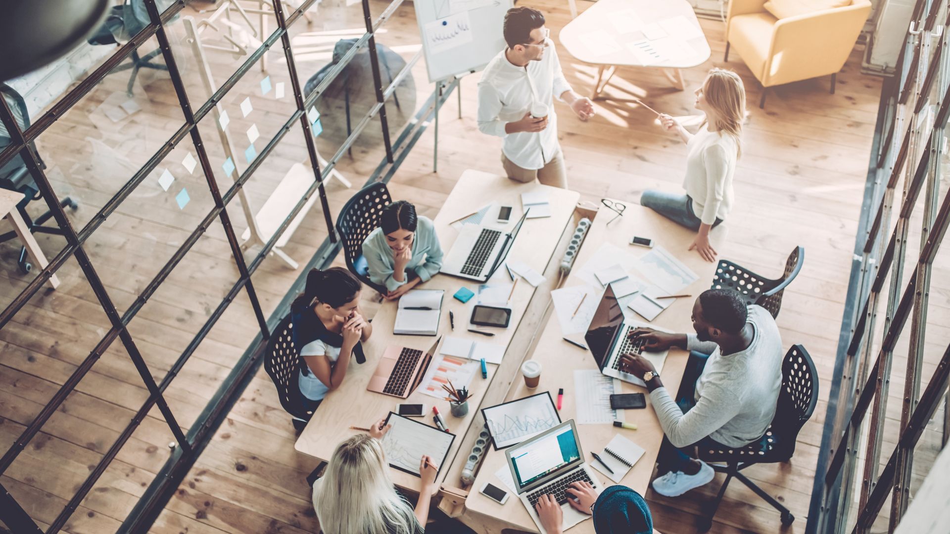 Top view of multiracial young creative people in modern office. 