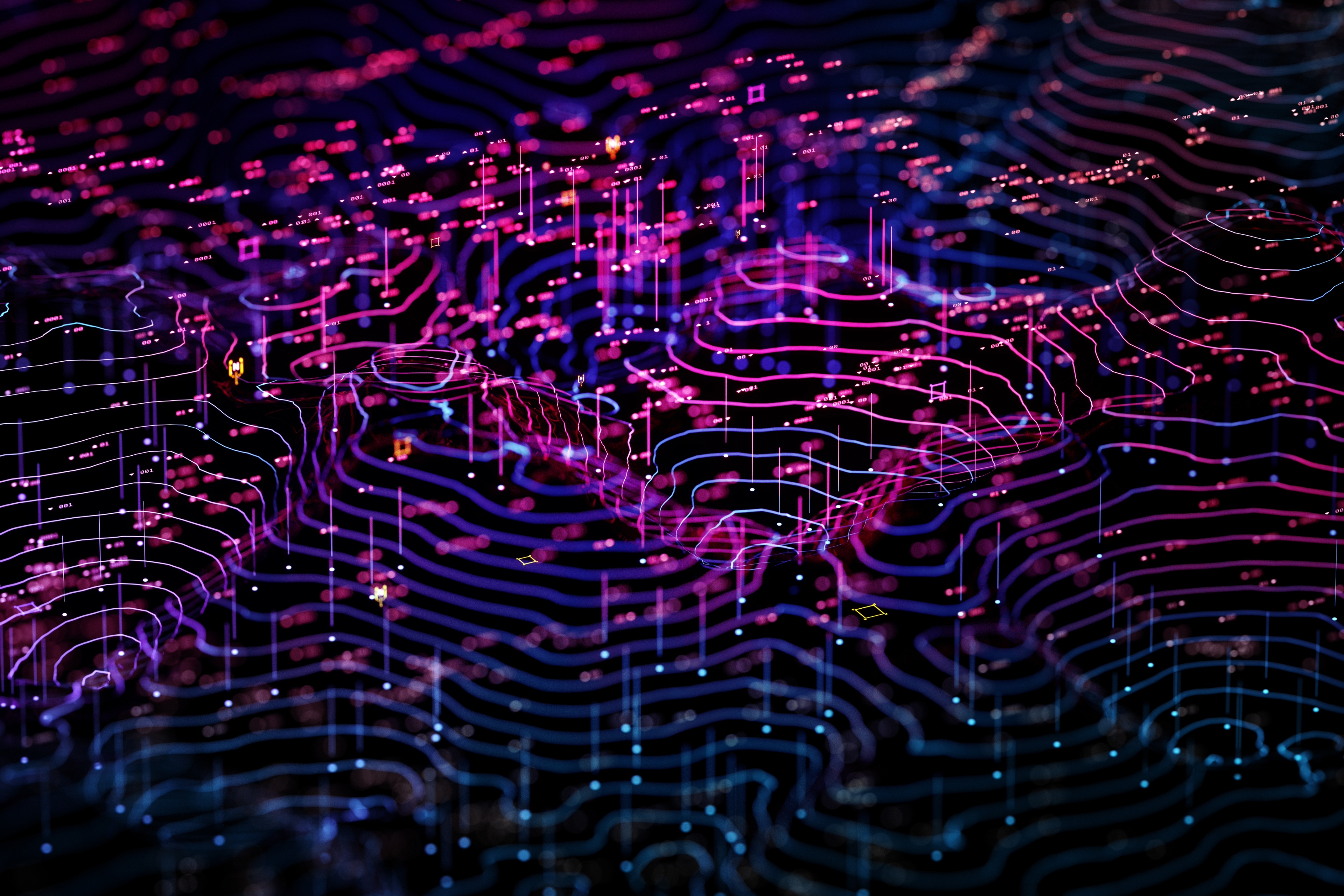 Digital generated image of multi coloured data against black background.