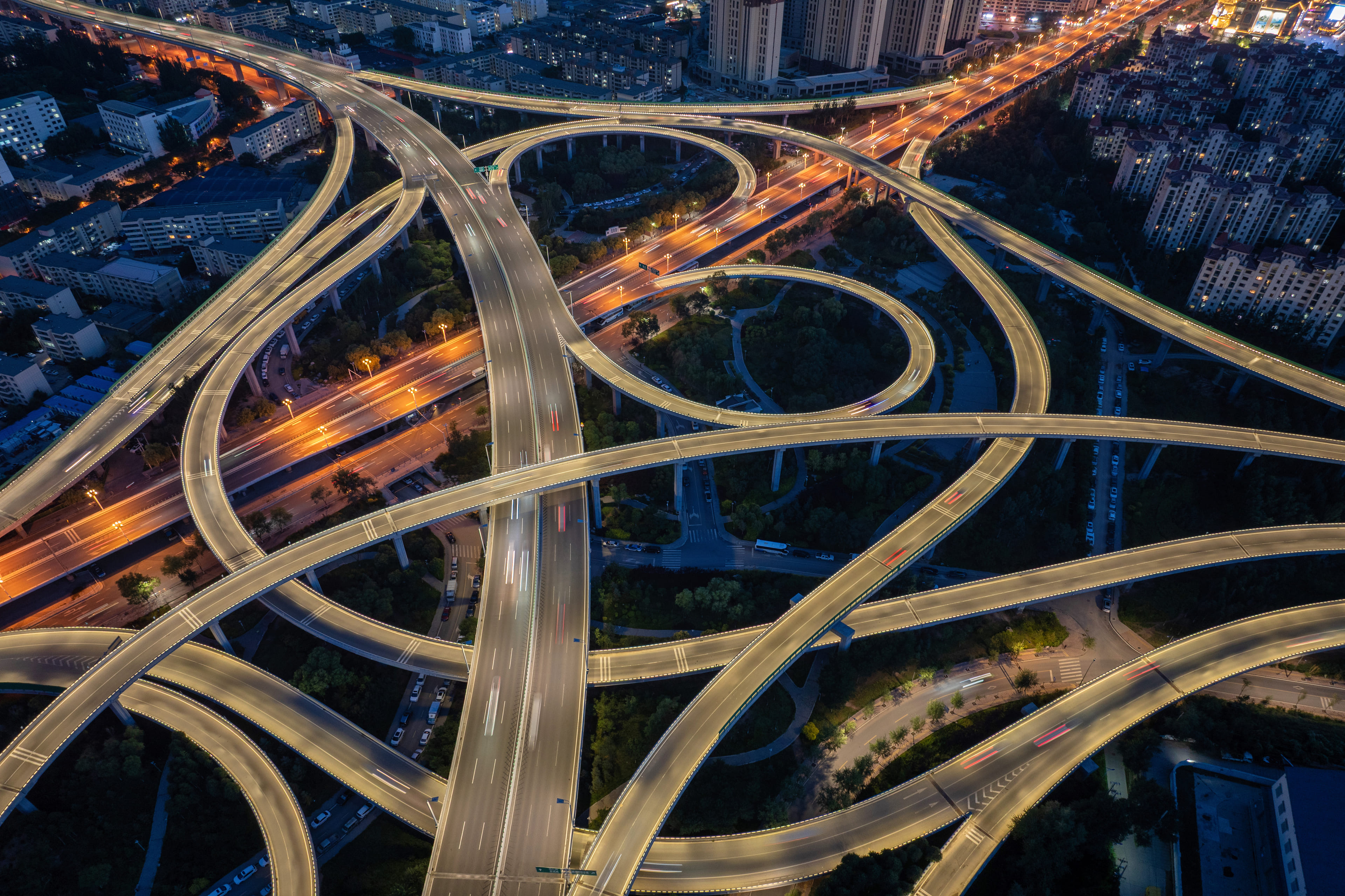 Aerial view of complex highway interchange