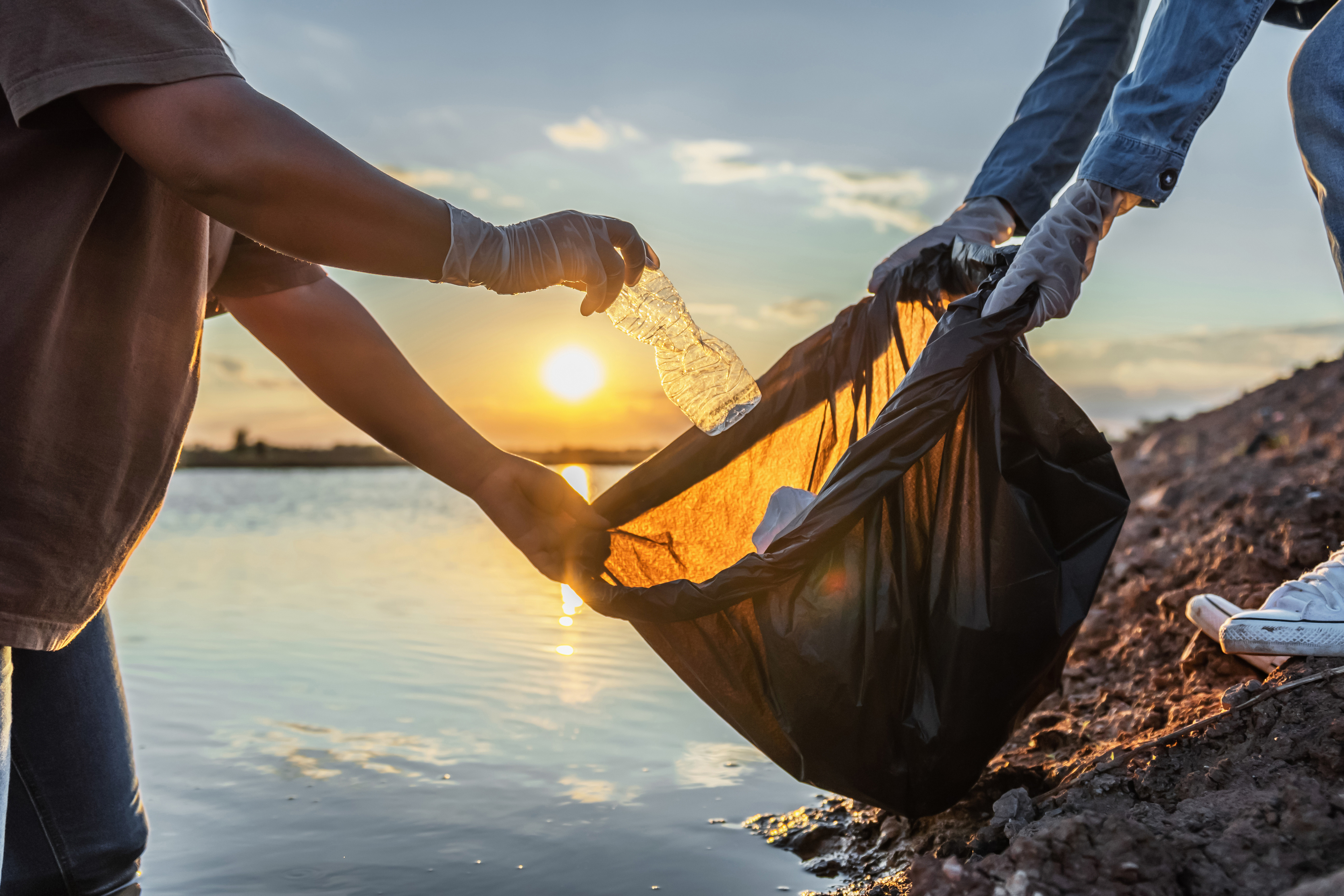 People removing plastic bottles from river