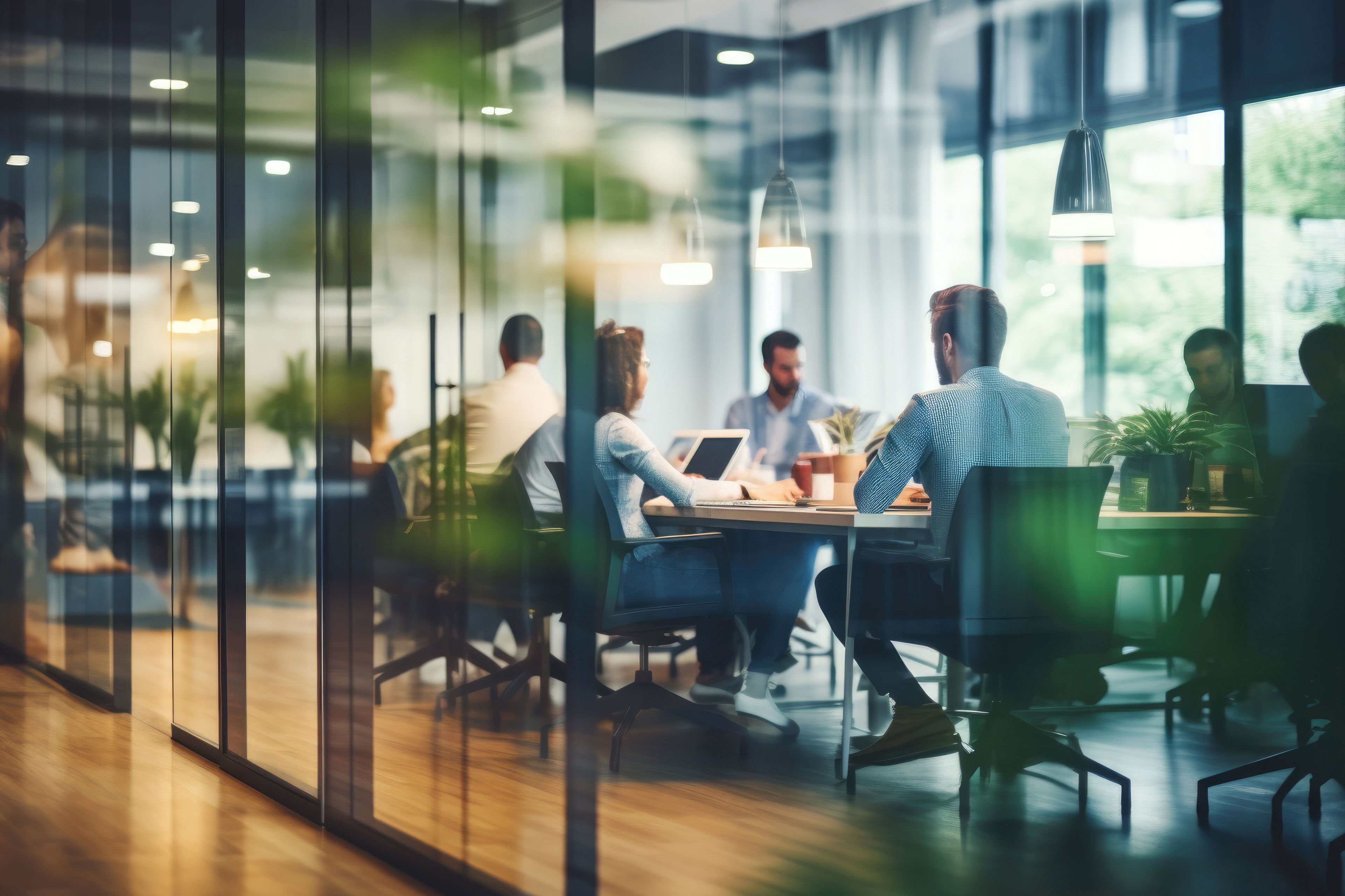 Office with blurred people working in conference