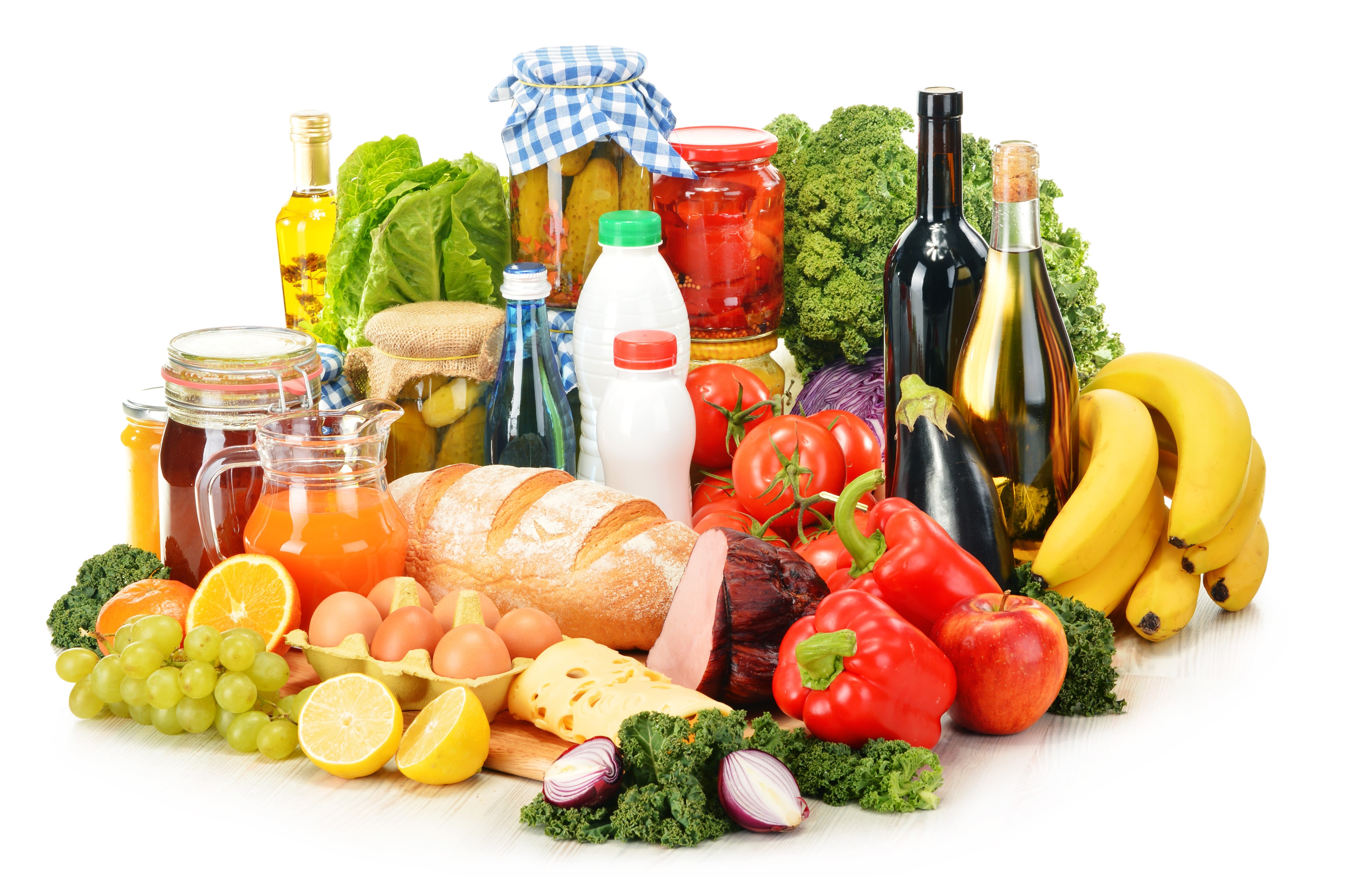 Image de fruits, légumes et jus variés.