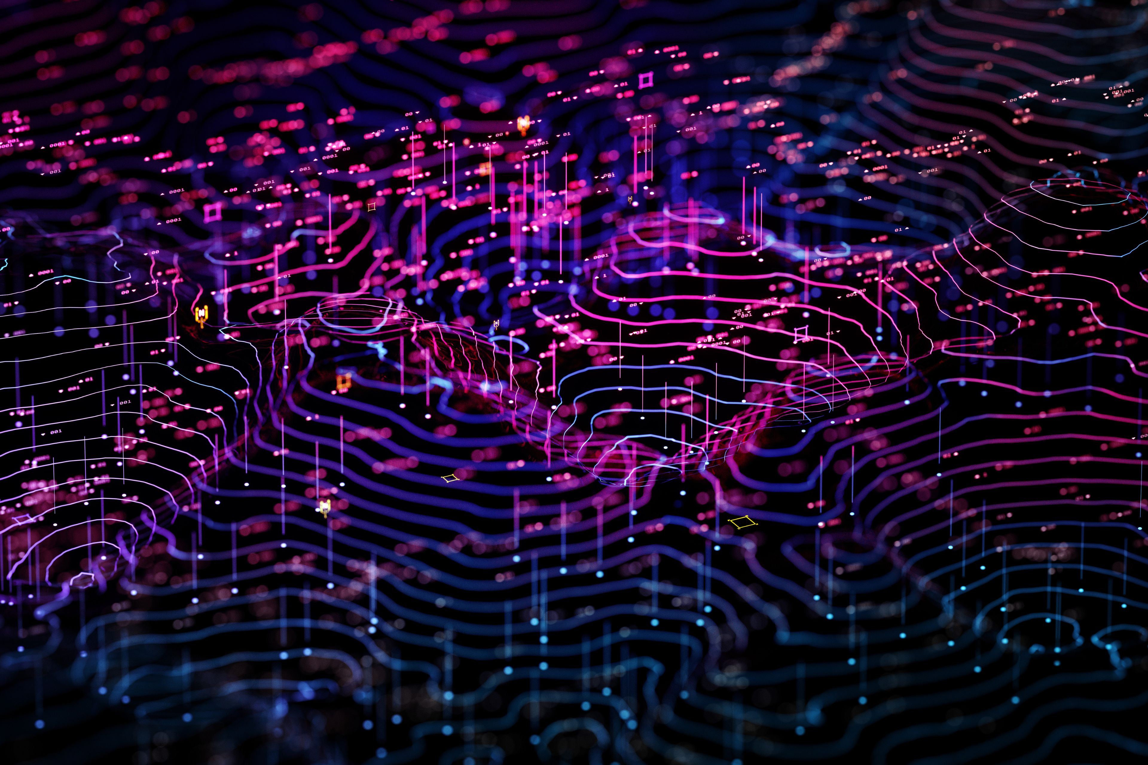 Traînées lumineuses colorées formant un motif numérique abstrait
