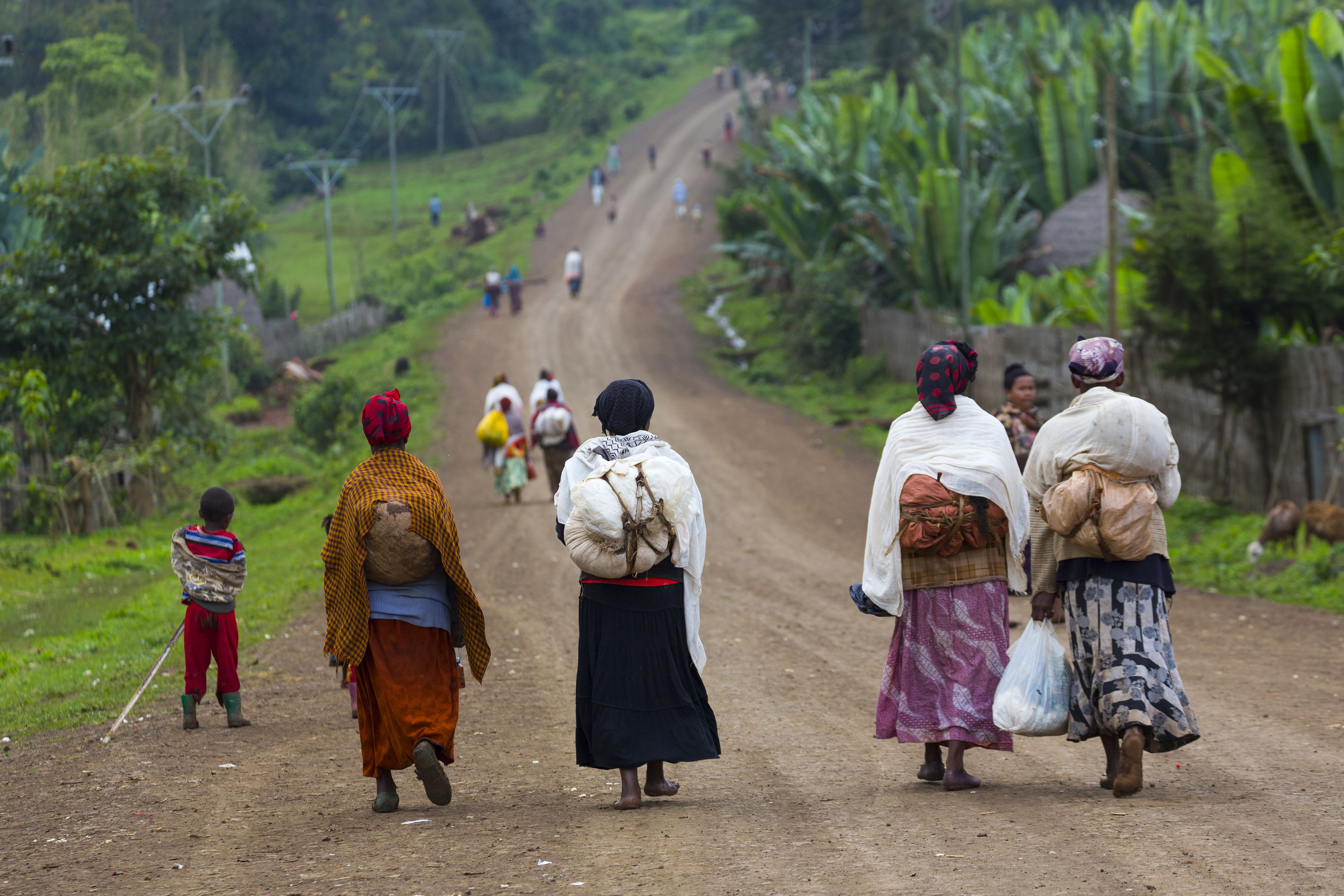 People walking along a rural road in Ethiopia, surrounded by green hills and vegetation