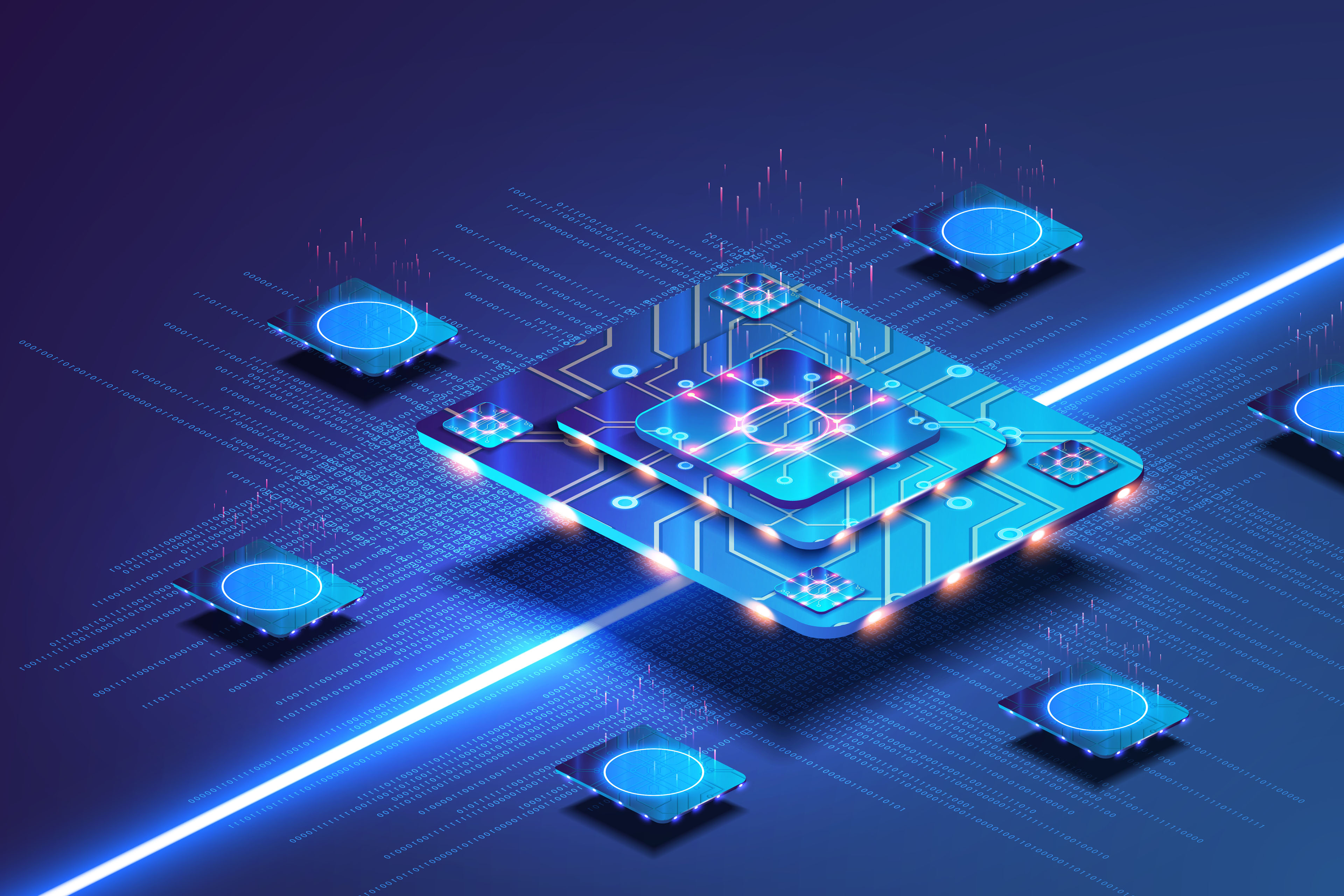 Futuristische microchipprocessor die verbonden is met meerdere knooppunten in een digitaal netwerk