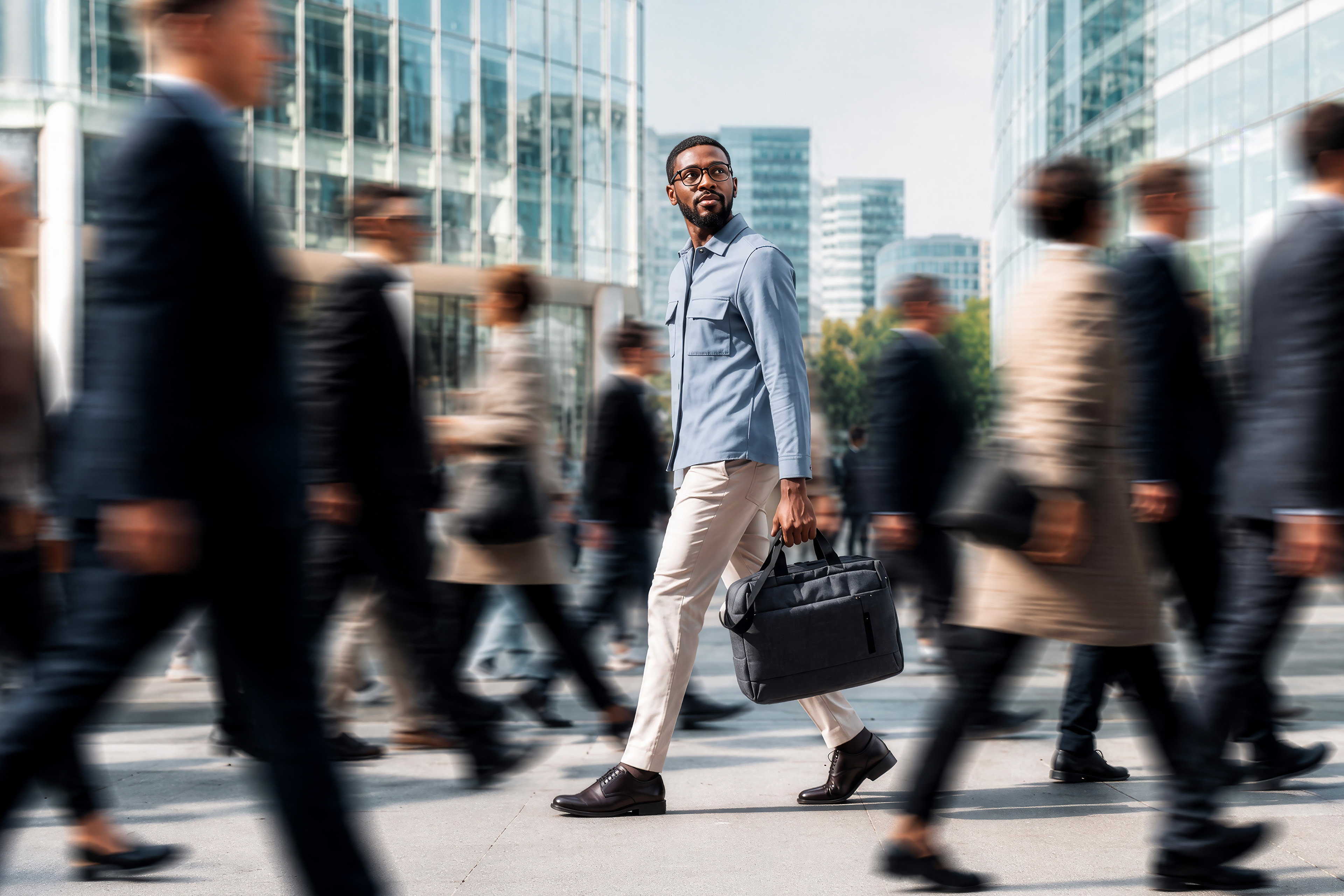 Man in informele zakelijke outfit in een wazige masse mensen