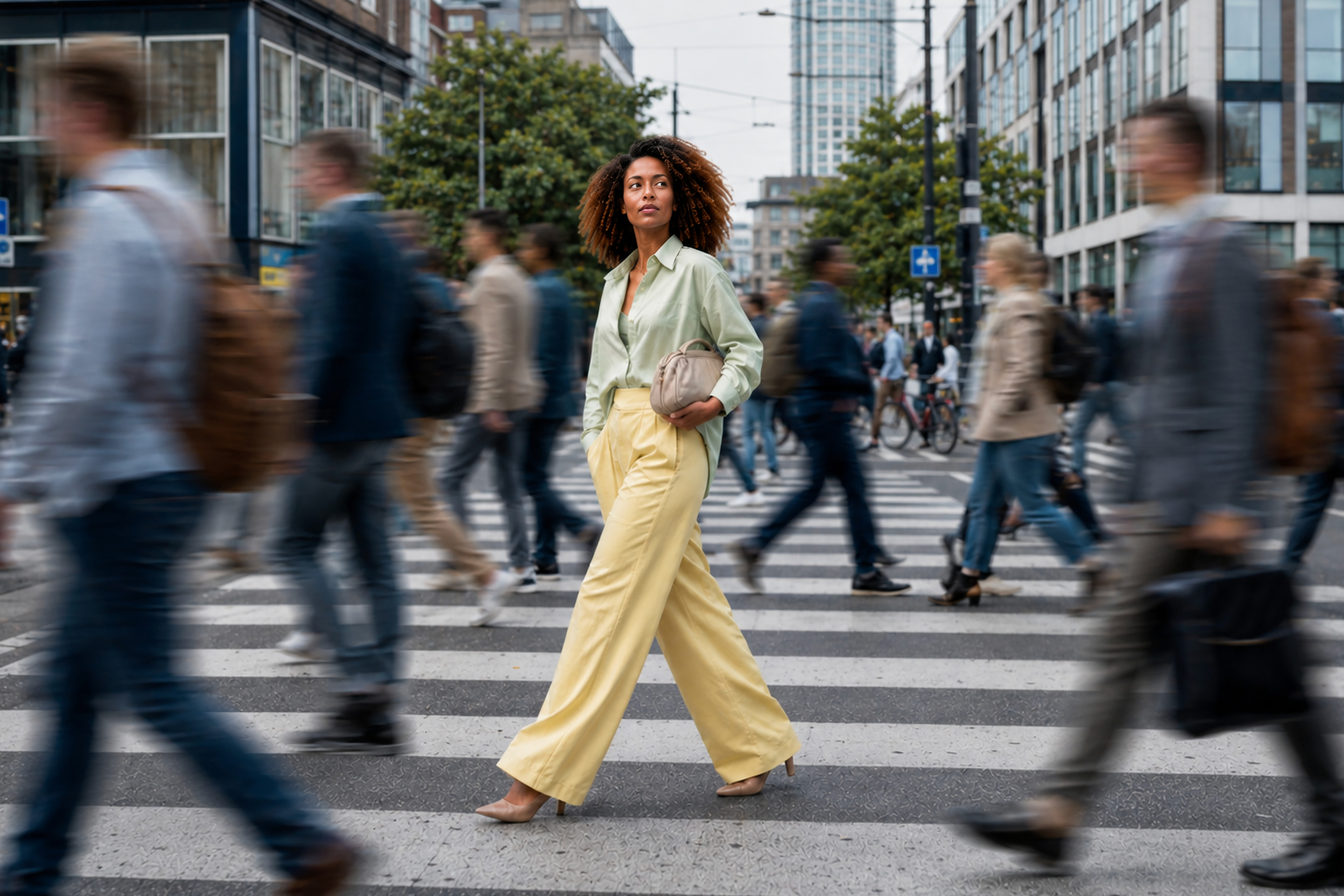 Afrikaanse vrouw in informeel zakelijke outfit in een wazige massa mensen