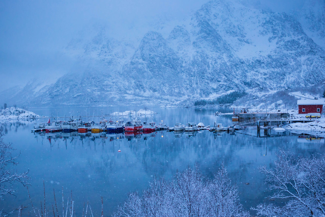 Norway, Nordland, Lofoten, Vagan, Austnesfjorden, Fishing boats in fjord