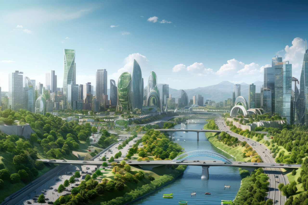 Landscape image of bridge with an industrial backdrop