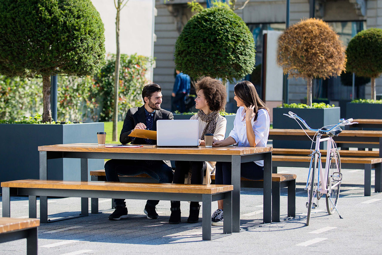 Young colleagues working in the park