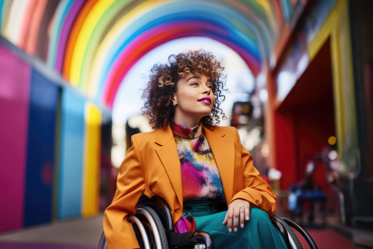 Mulher numa cadeira de rodas sorrindo