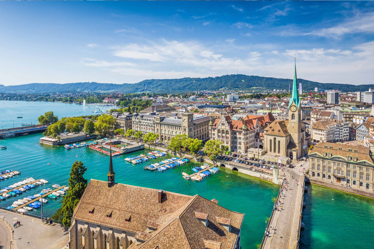 Aerial view of Zürich city center with river Limmat
