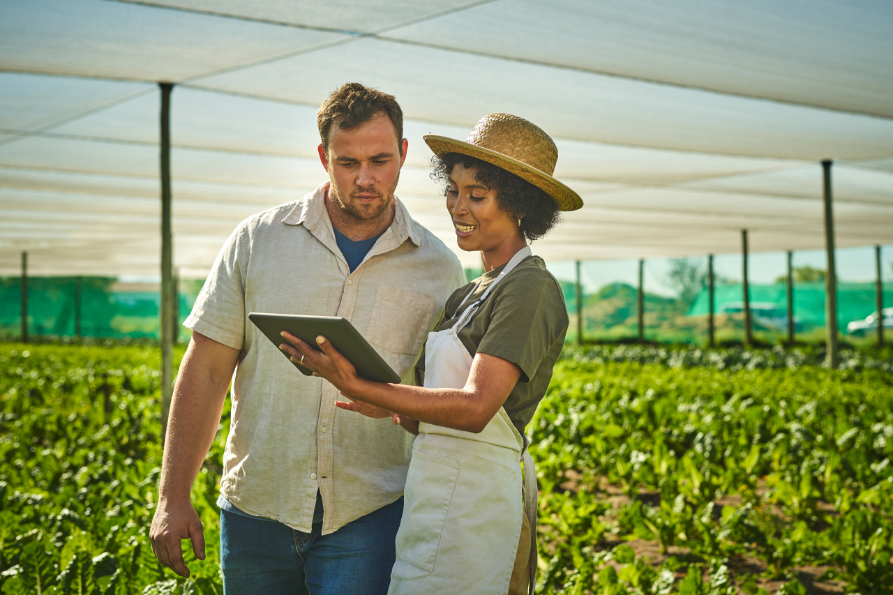 Landwirtin und Landwirt tauschen sich aus