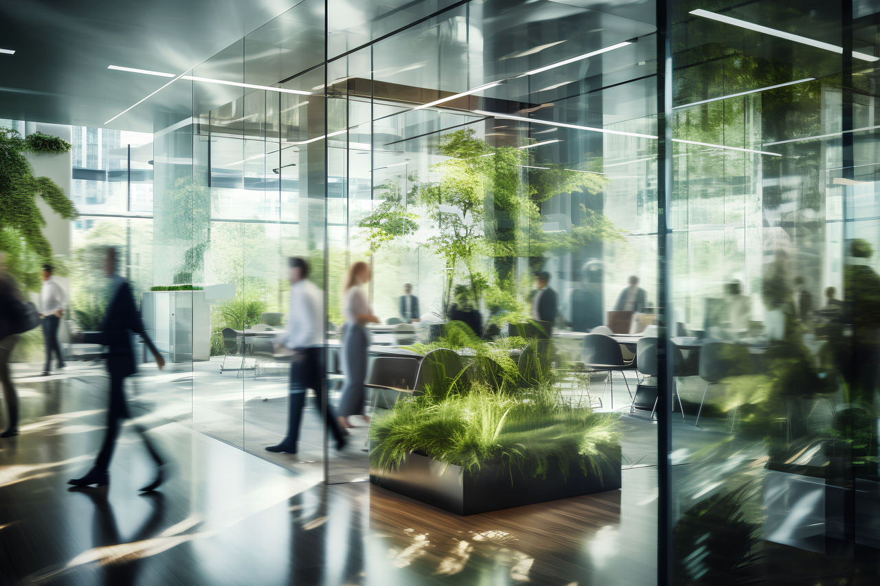 Grüne, nachhaltige und umweltfreundliche Büroräume mit täglichem Mitarbeiterandrang.