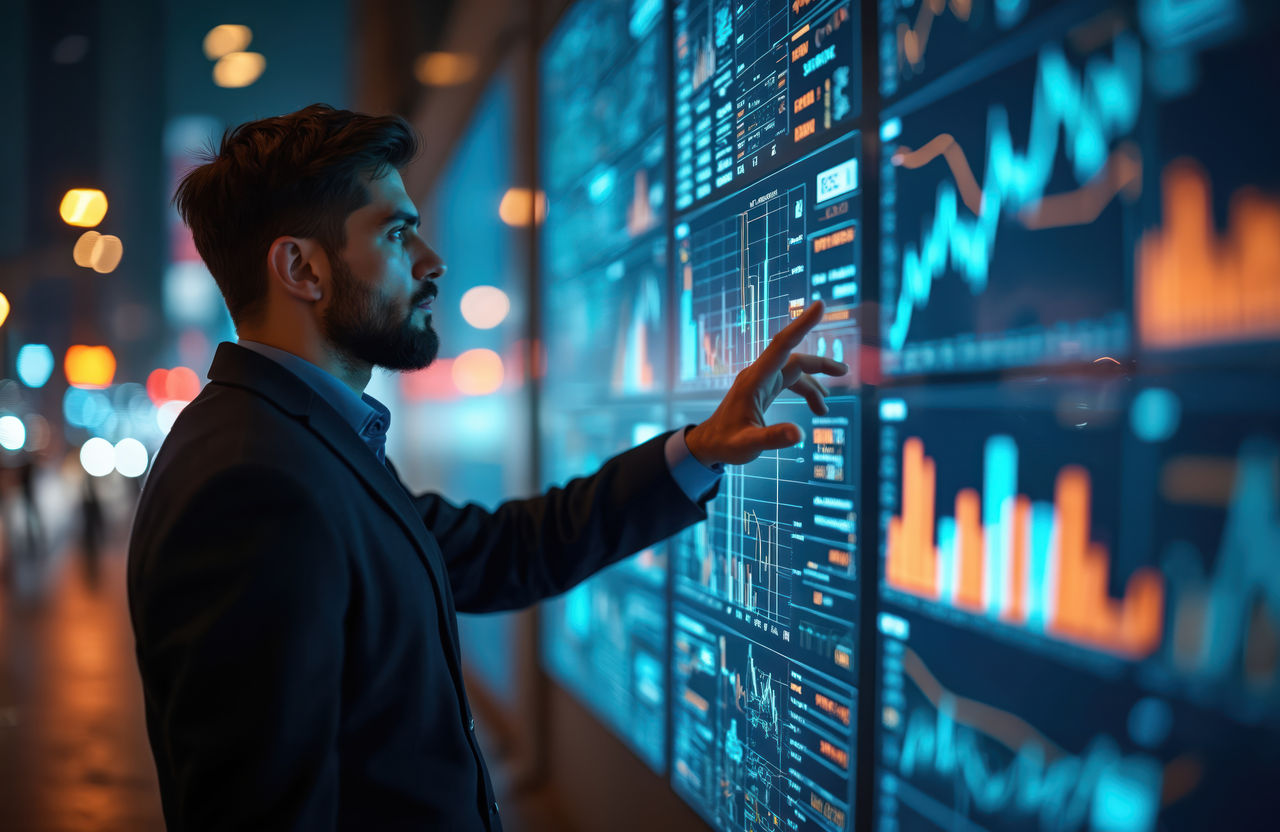 Geschäftsmann interagiert mit großem interaktiven Display, untersucht Finanzdaten-Diagramme. Digitale Transformation, innovative Technologien in den Bereichen Datenanalyse, Strategie, futuristische Datenverarbeitung, Wirtschaft