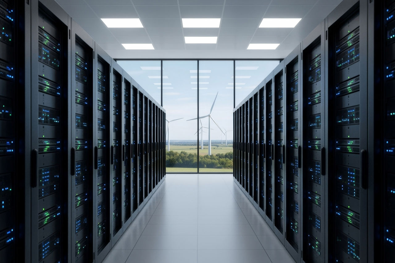 Moderner Serverraum mit Serverracks, durch Fenster sichtbare Windräder stehen für digitale und erneuerbare Energie.