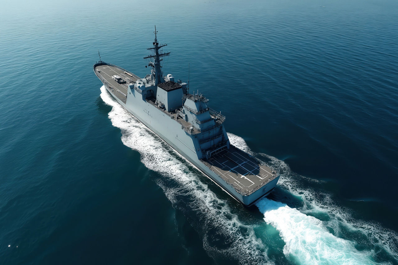 Luftaufnahme eines modernen Marineschiffs mit Landedeck auf dem offenen Meer.