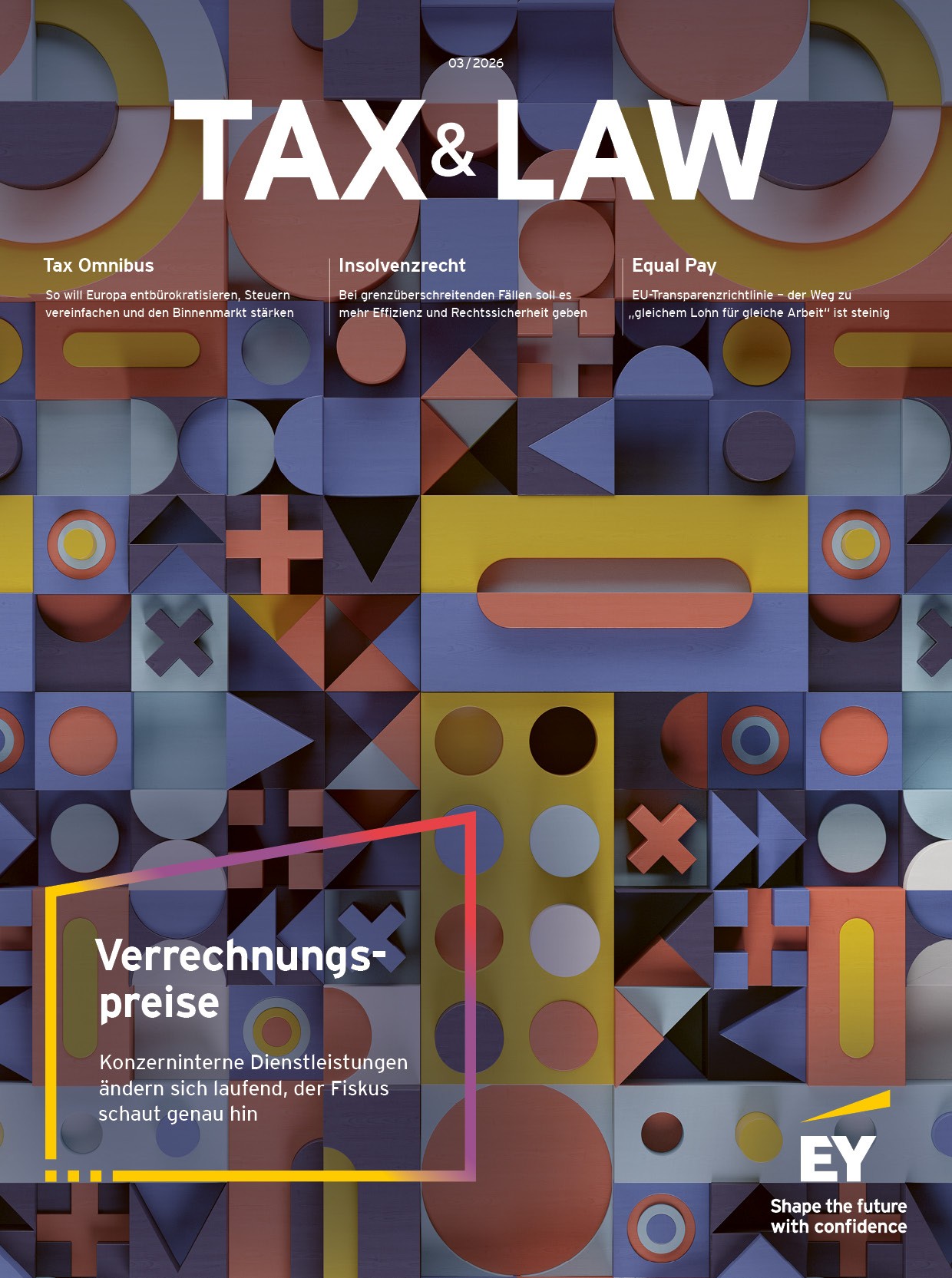Farbenfrohes 3D-Muster aus Kreisen, Dreiecken und Quadraten in Blau und Gelb.