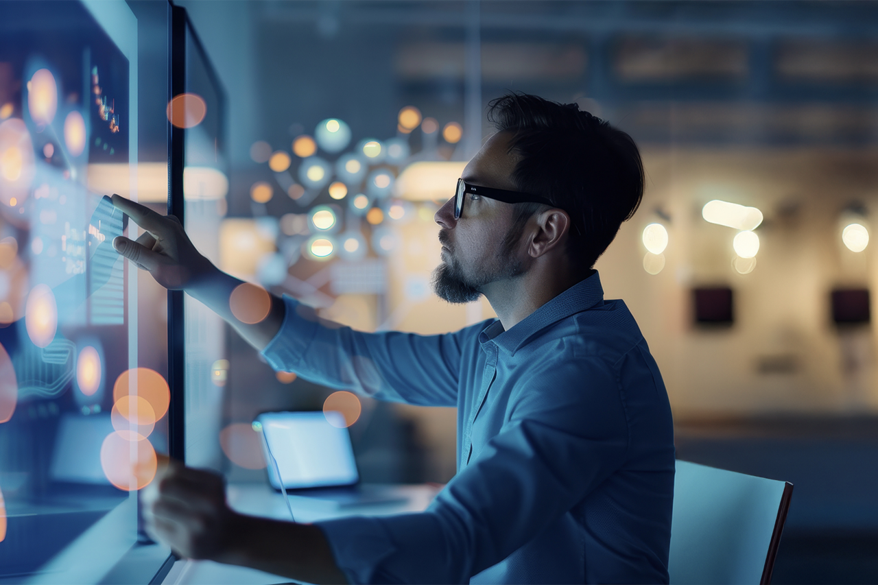 Eine Person bedient ein großes interaktives Display in moderner, lichtdurchfluteter Arbeitsumgebung.