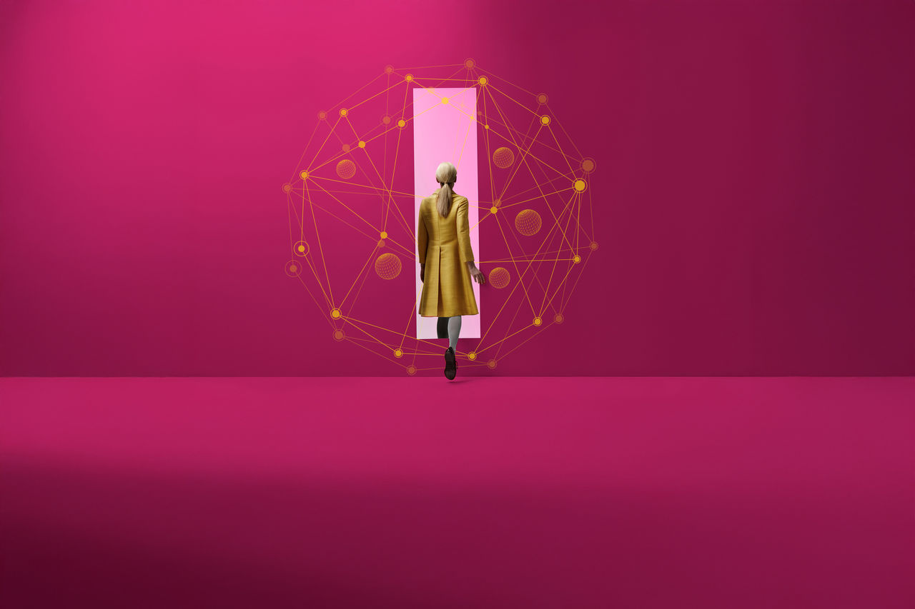 People moving threw portals in different shapes, in minimalistic studio setting in vivid colours