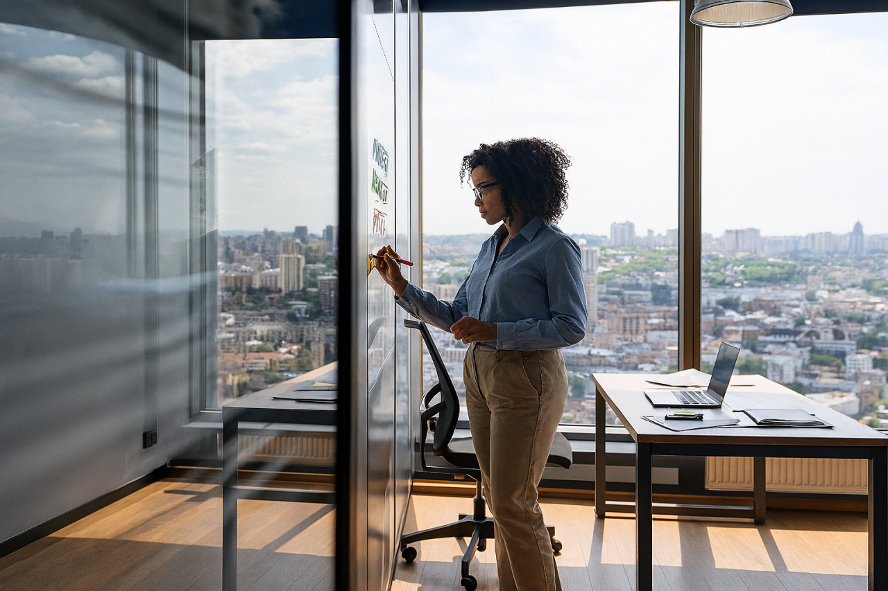African American ceo writing on sticky notes in office whiteboard
