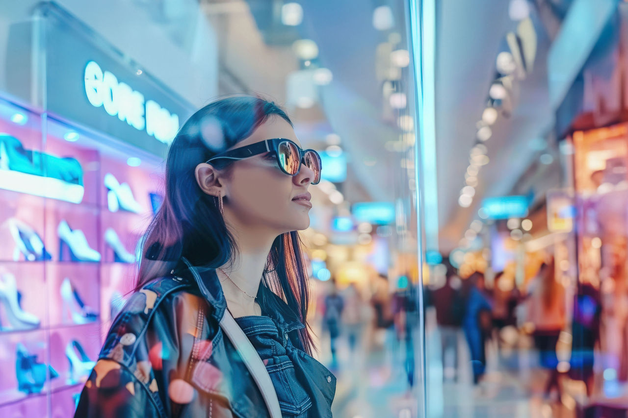 A young woman in a leather jacket and sunglasses stands by a window in a shoe store, looking thoughtfully towards a display of shoes. The store is brightly lit and filled with people.