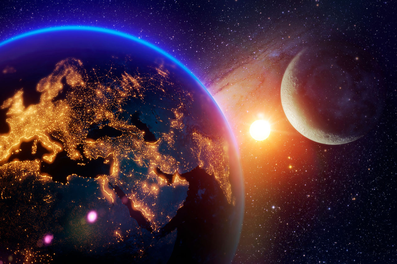 beautiful cosmic background with earth and moon shining cities of Europe, Asia and Africa and a bright star of the sun. 3d render, 3d illustration