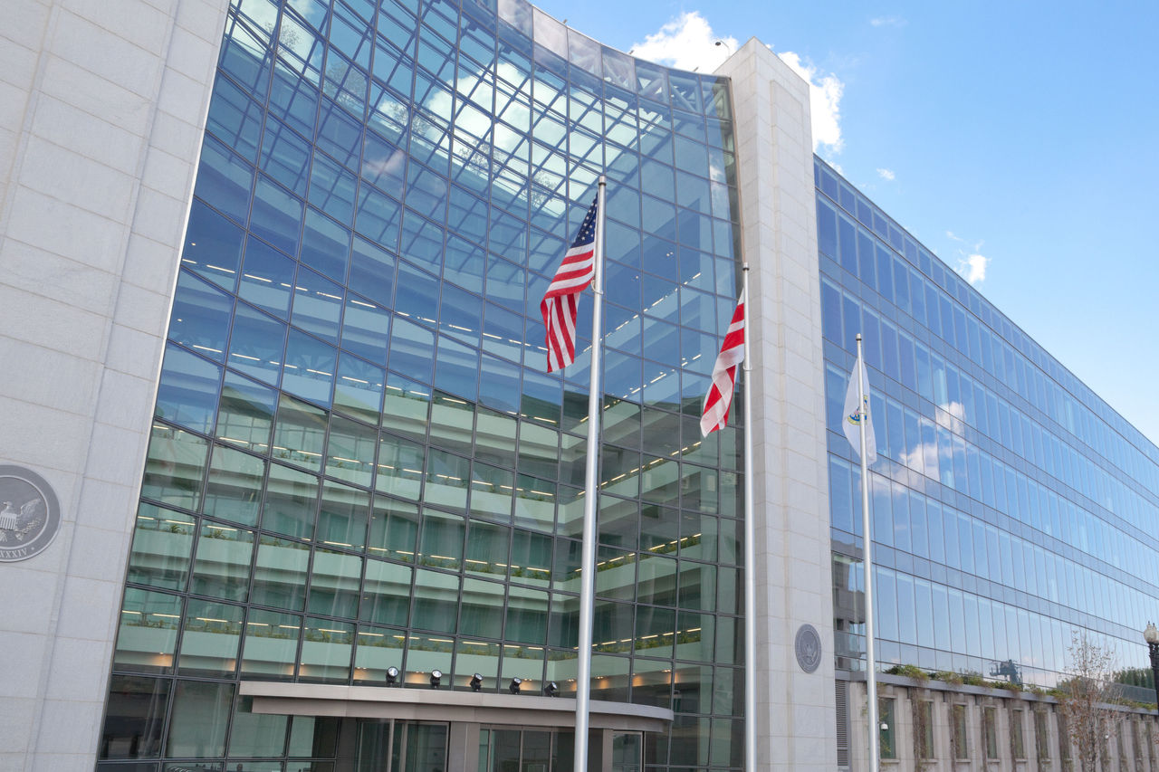 Securities and Exchange Commission, SEC, Building in Washington DC.  The SEC regulates stocks and bonds and related financial activities.