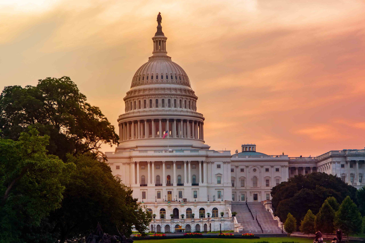 View of Capitol Hill in Washington DC in summer at sunset